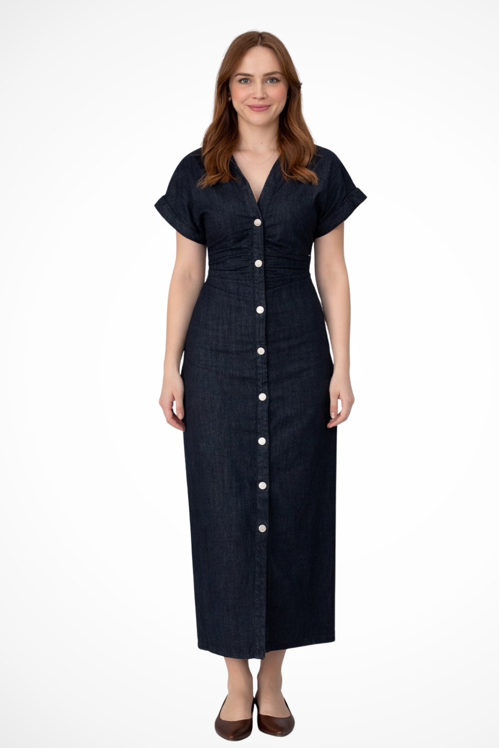Vestido maxi mujer de mezclilla con botonadura y cuello solapa - Mavetta
