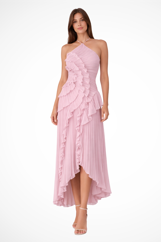 Vestido maxi mujer sin mangas halter con volante y espalda descubierta - Mavetta