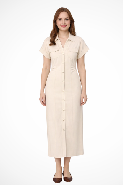 Vestido maxi mujer de mezclilla con botonadura y cuello solapa