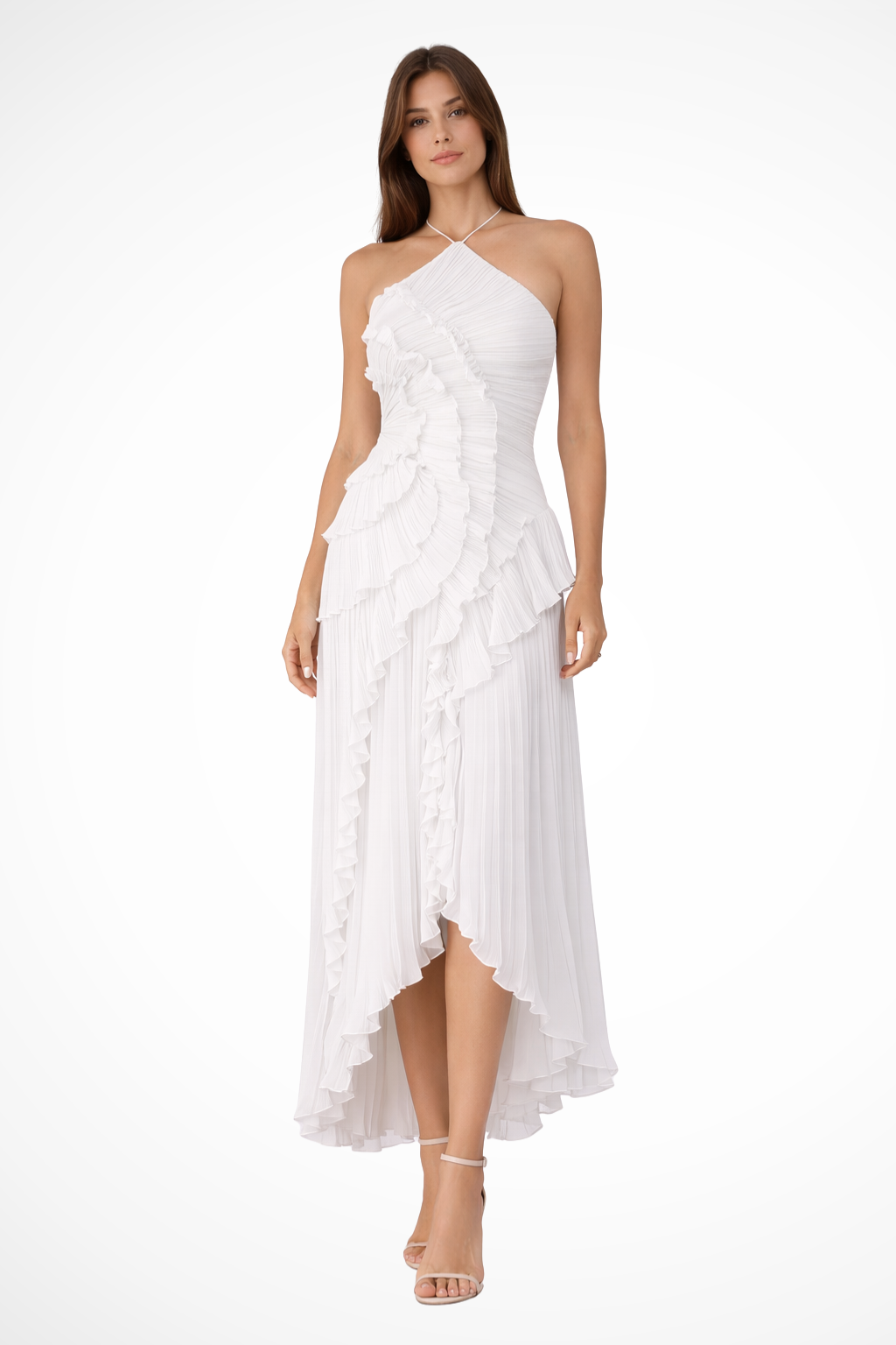 Vestido maxi mujer sin mangas halter con volante y espalda descubierta