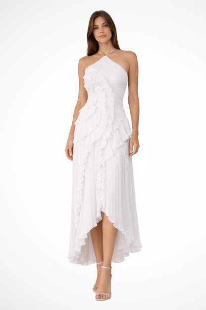 Vestido maxi mujer sin mangas halter con volante y espalda descubierta