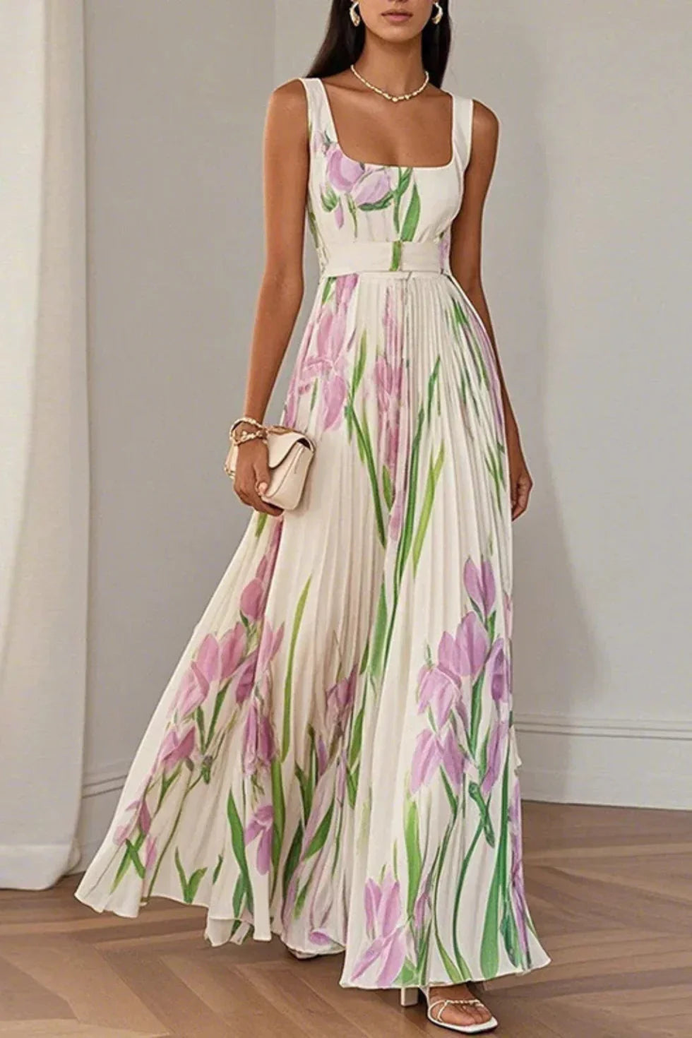 Vestido maxi Mujer Plisado Cuello cuadrado
