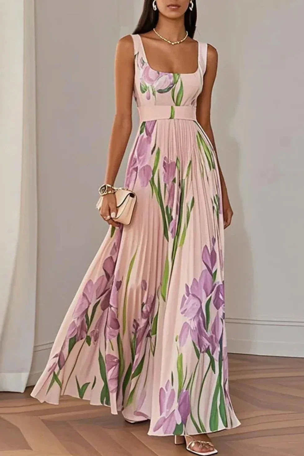 Vestido maxi Mujer Plisado Cuello cuadrado