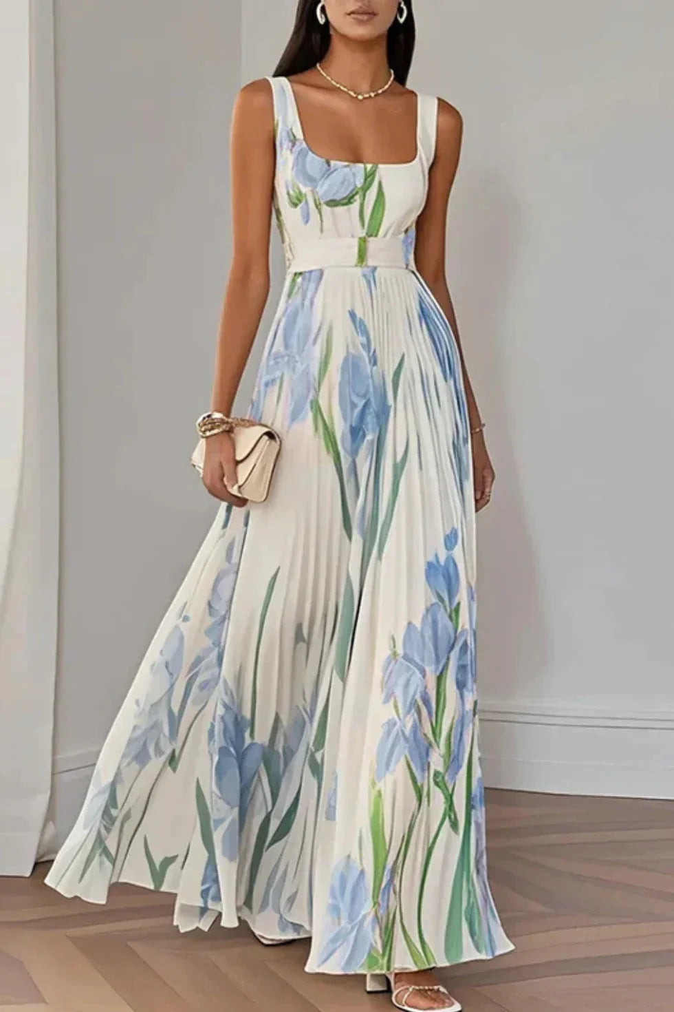 Vestido maxi Mujer Plisado Cuello cuadrado - Mavetta