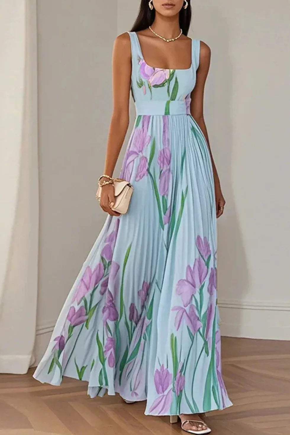 Vestido maxi Mujer Plisado Cuello cuadrado