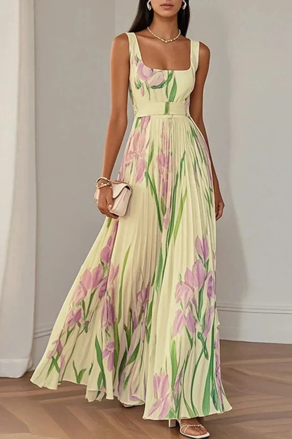 Vestido maxi Mujer Plisado Cuello cuadrado