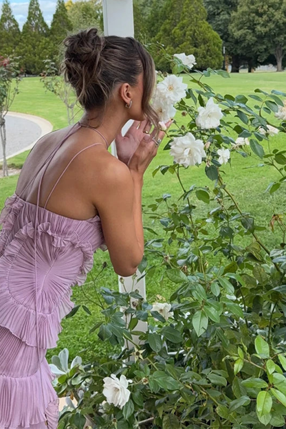 Vestido maxi mujer sin mangas halter con volante y espalda descubierta