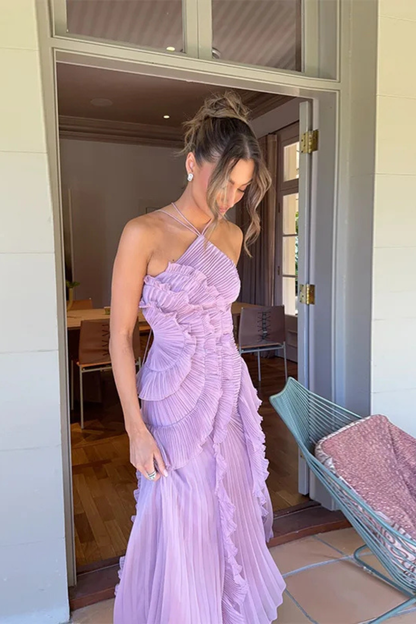Vestido maxi mujer sin mangas halter con volante y espalda descubierta