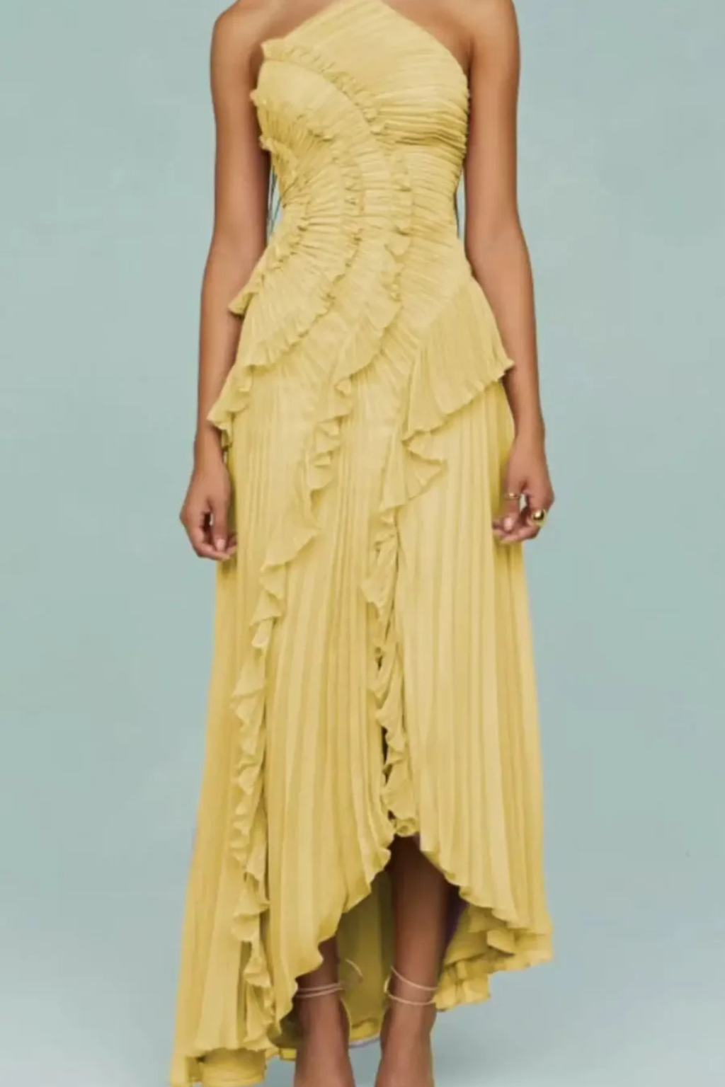 Vestido maxi mujer sin mangas halter con volante y espalda descubierta