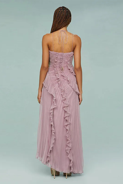Vestido maxi mujer sin mangas halter con volante y espalda descubierta