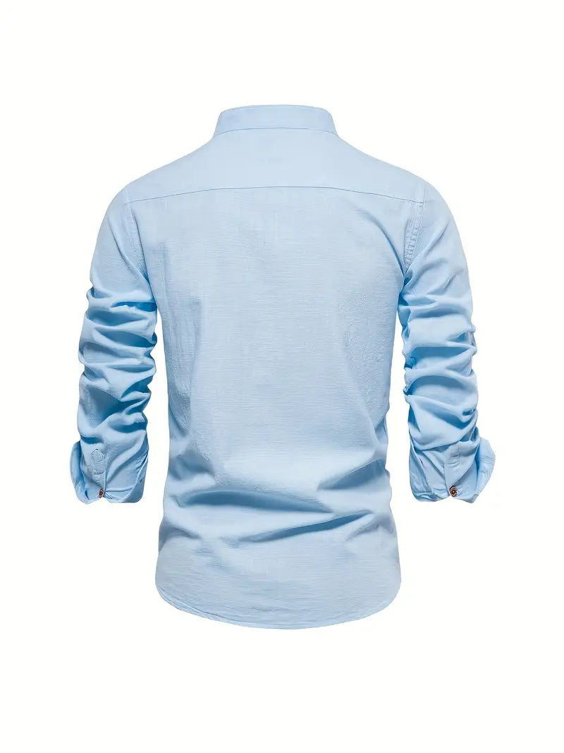 Camisa Hombre Slim Fit Algodón Cuello Mao Manga Larga