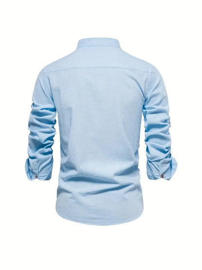 Camisa Hombre Slim Fit Algodón Cuello Mao Manga Larga