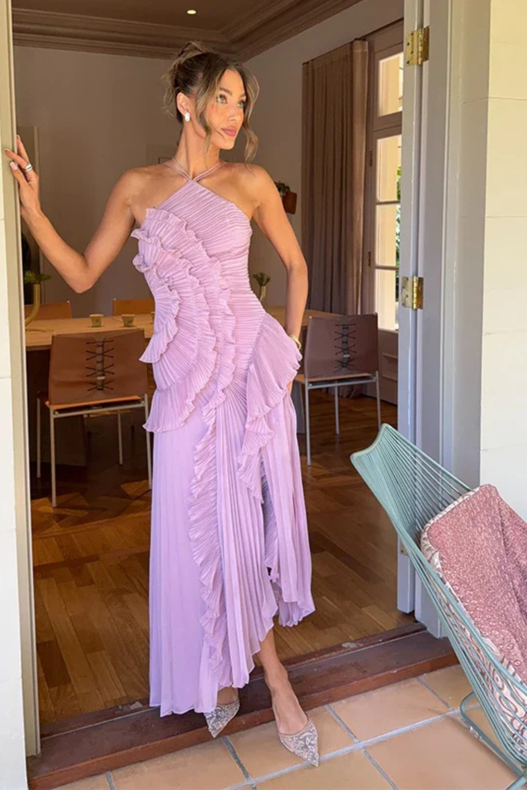 Vestido maxi mujer sin mangas halter con volante y espalda descubierta
