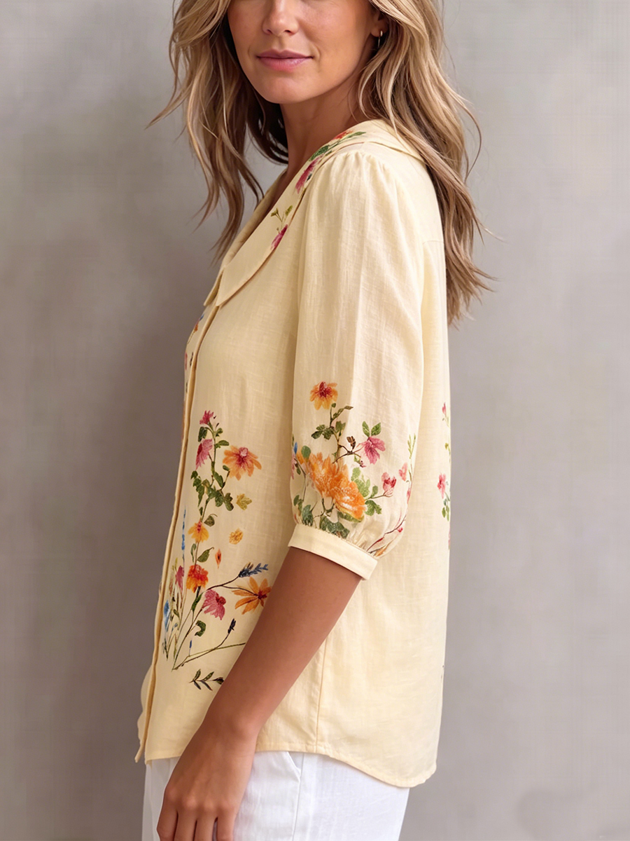 Blusa mujer lino algodón cuello peter pan estilo vintage
