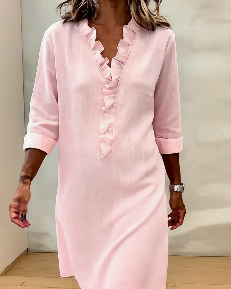 Vestido mujer lino algodón escote en V volantes casual
