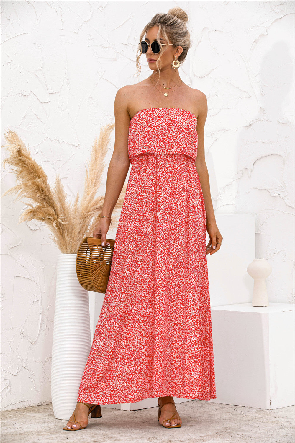 Vestido Largo Mujer Estampado Floral Palabra de Honor Casual