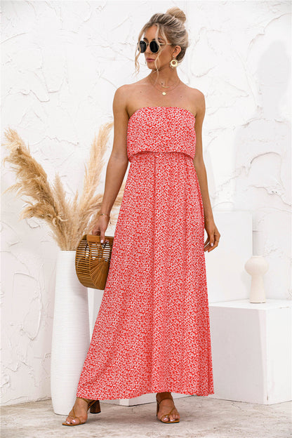 Vestido Largo Mujer Estampado Floral Palabra de Honor Casual