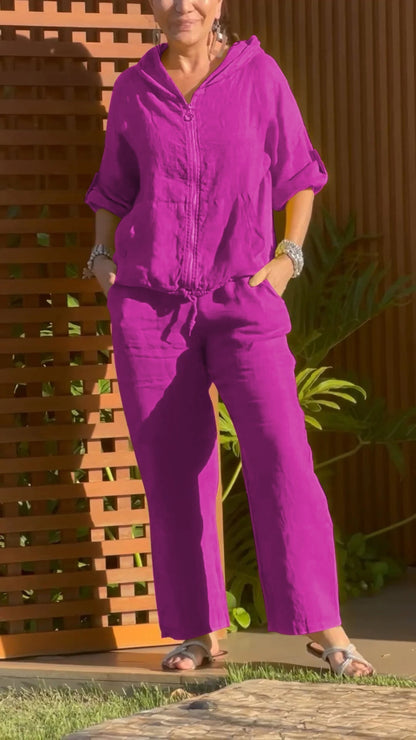 Conjunto Mujer Casual Algodón y Lino Capucha Cremallera