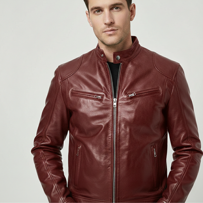 Chaqueta Hombre Cuero Sintético Cuello Alto Puños Ajustables