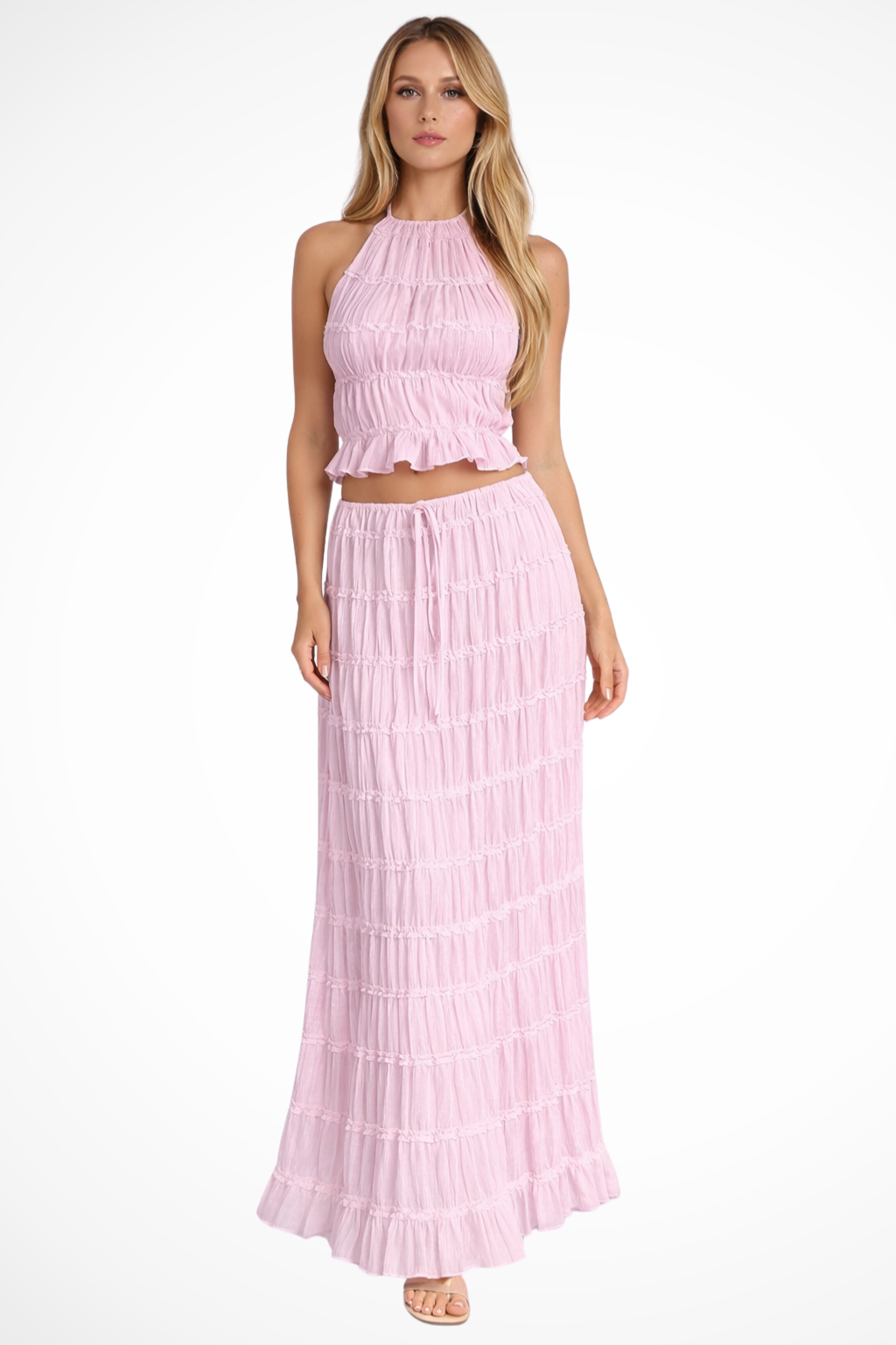 Conjunto Mujer Halter Fruncido y Falda Larga Fluida