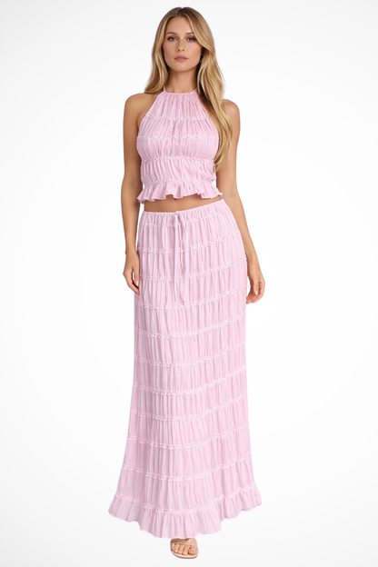 Conjunto Mujer Halter Fruncido y Falda Larga Fluida