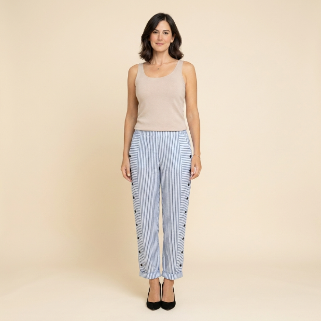 Pantalón recto Mujer con botones laterales y rayas - Mavetta