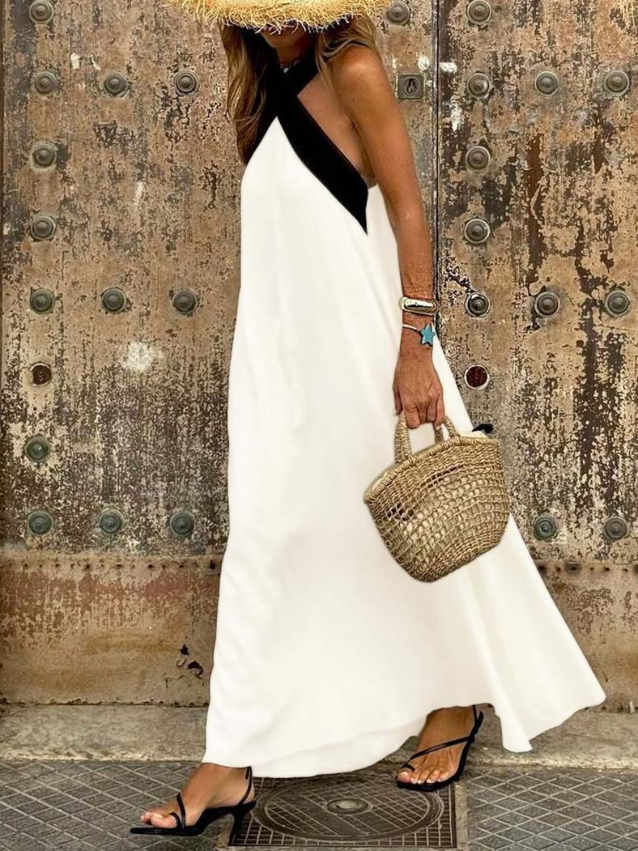 Vestido largo mujer con espalda cruzada y caída fluida
