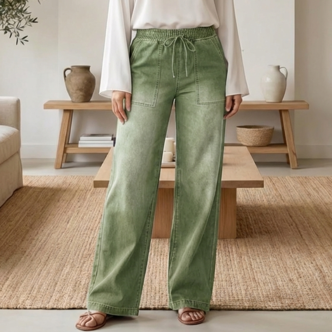 Pantalones Vaqueros Mujer Cintura con Cordón Pierna Ancha