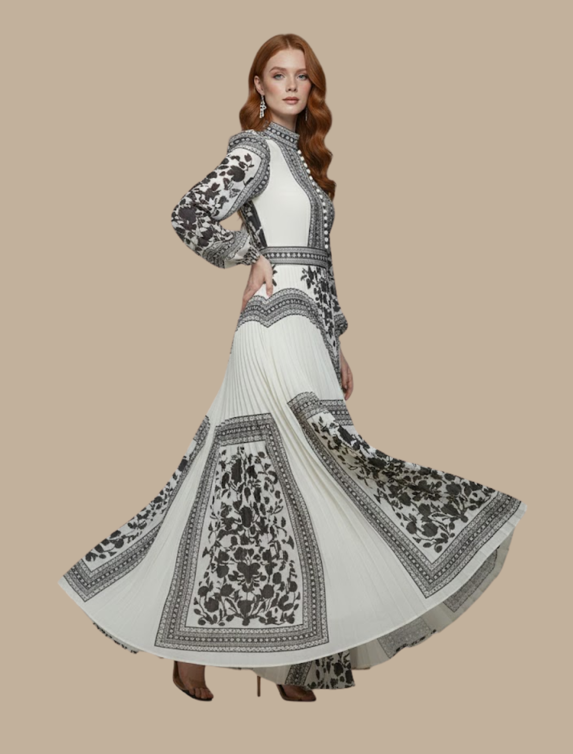 Vestido maxi mujer plisado manga larga fluido