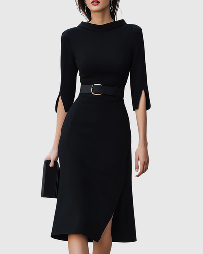 Vestido midi mujer con mangas tres cuartos y cintura definida - Mavetta