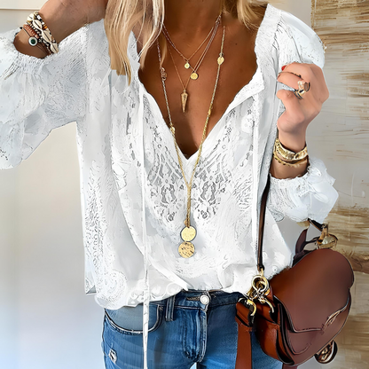 Blusa Mujer de Encaje Escote en V Estilo Bohemio
