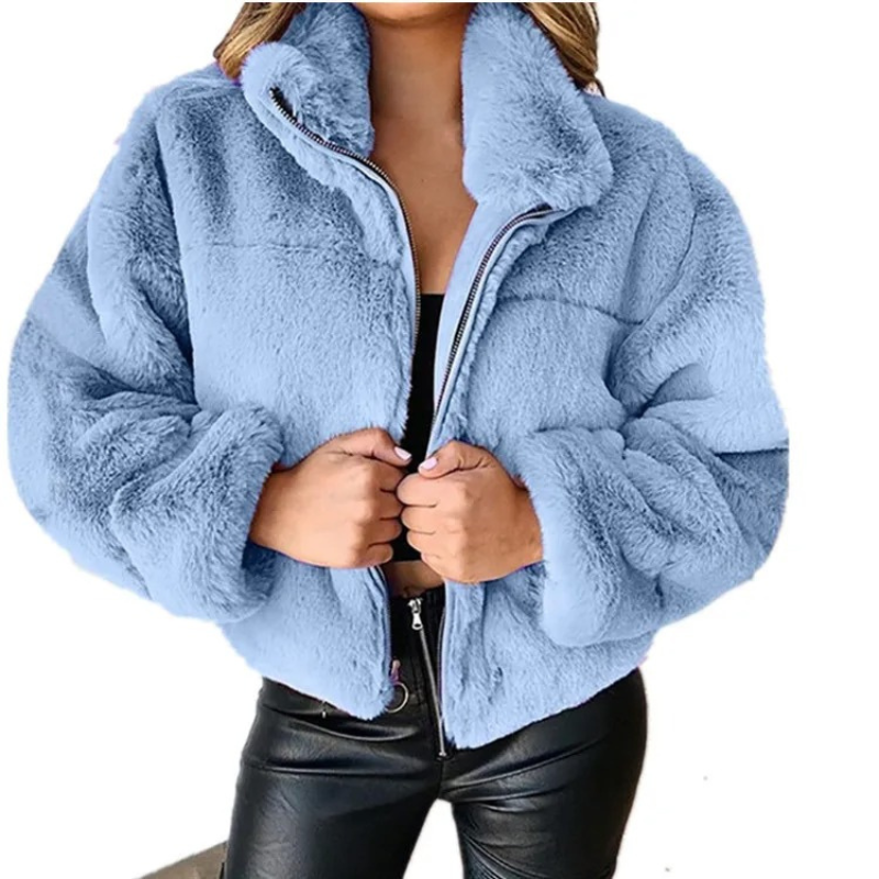 Chaqueta corta mujer teddy con cremallera y cuello alto