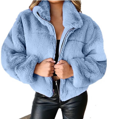 Chaqueta corta mujer teddy con cremallera y cuello alto