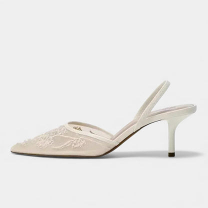 Zapatos Tacón Aguja Mujer Malla Bordada Punta Fina Correa