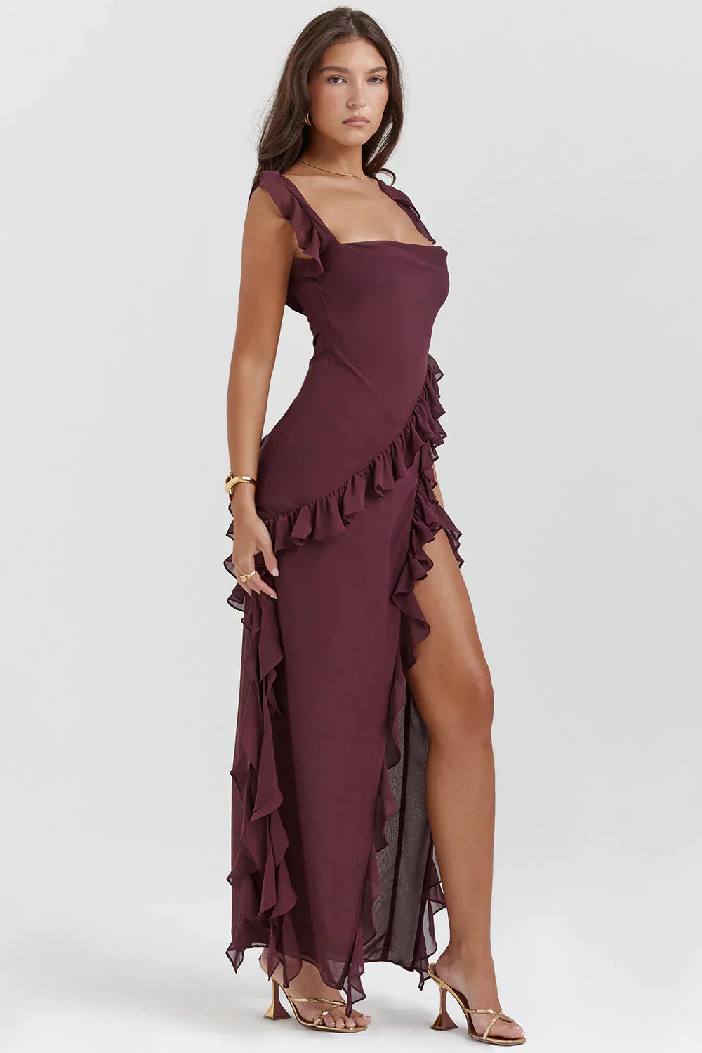 Vestido largo mujer con volantes escote espalda fiesta - Mavetta