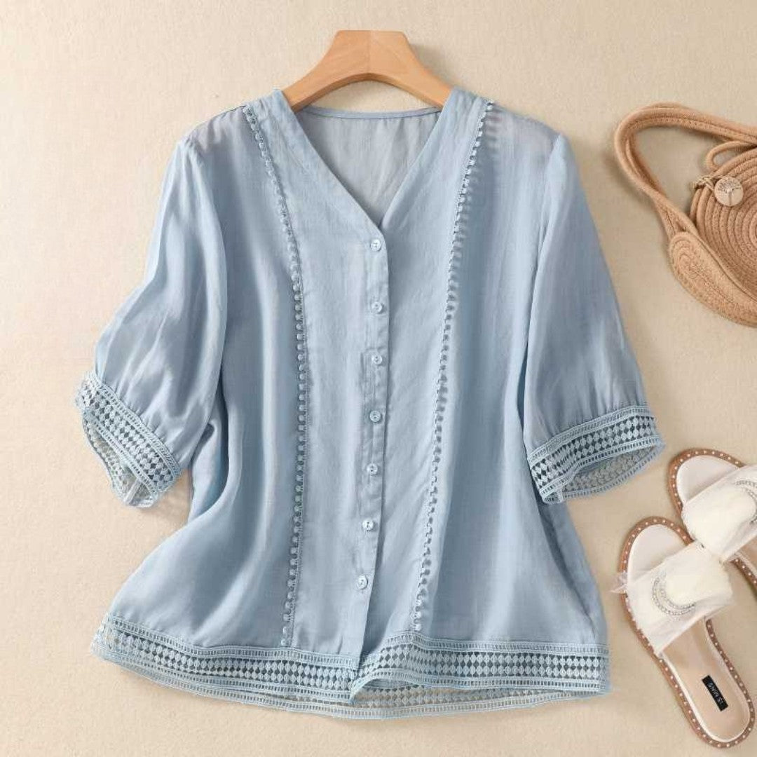 Blusa Mujer Escote en V Botones Detalles de Encaje