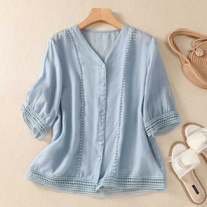 Blusa Mujer Escote en V Botones Detalles de Encaje