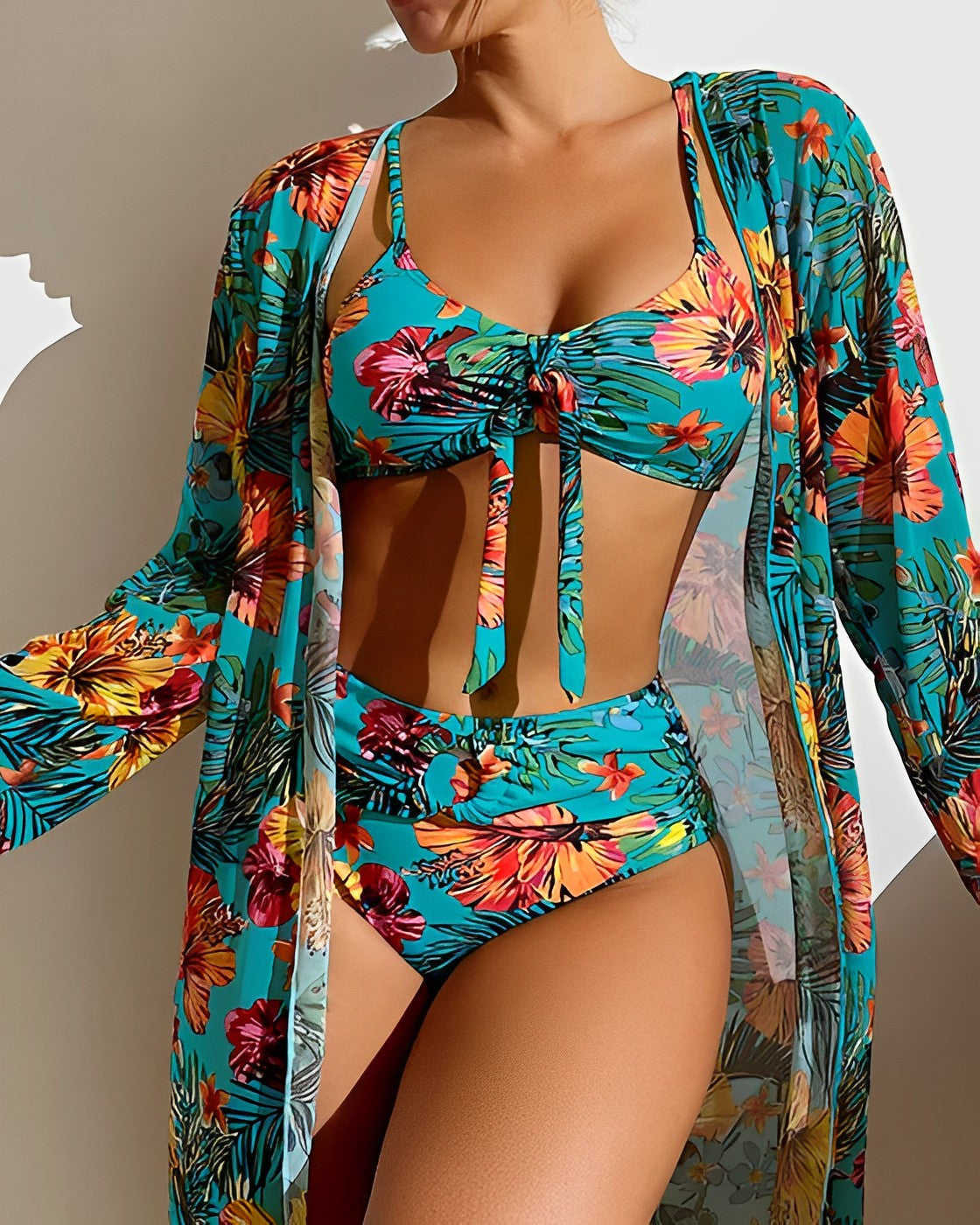 Bikini Mujer de Dos Piezas Estampado Botánico con Kimono Playa