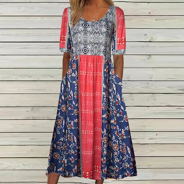 Vestido midi mujer estilo bohemio escote cuadrado mangas cortas