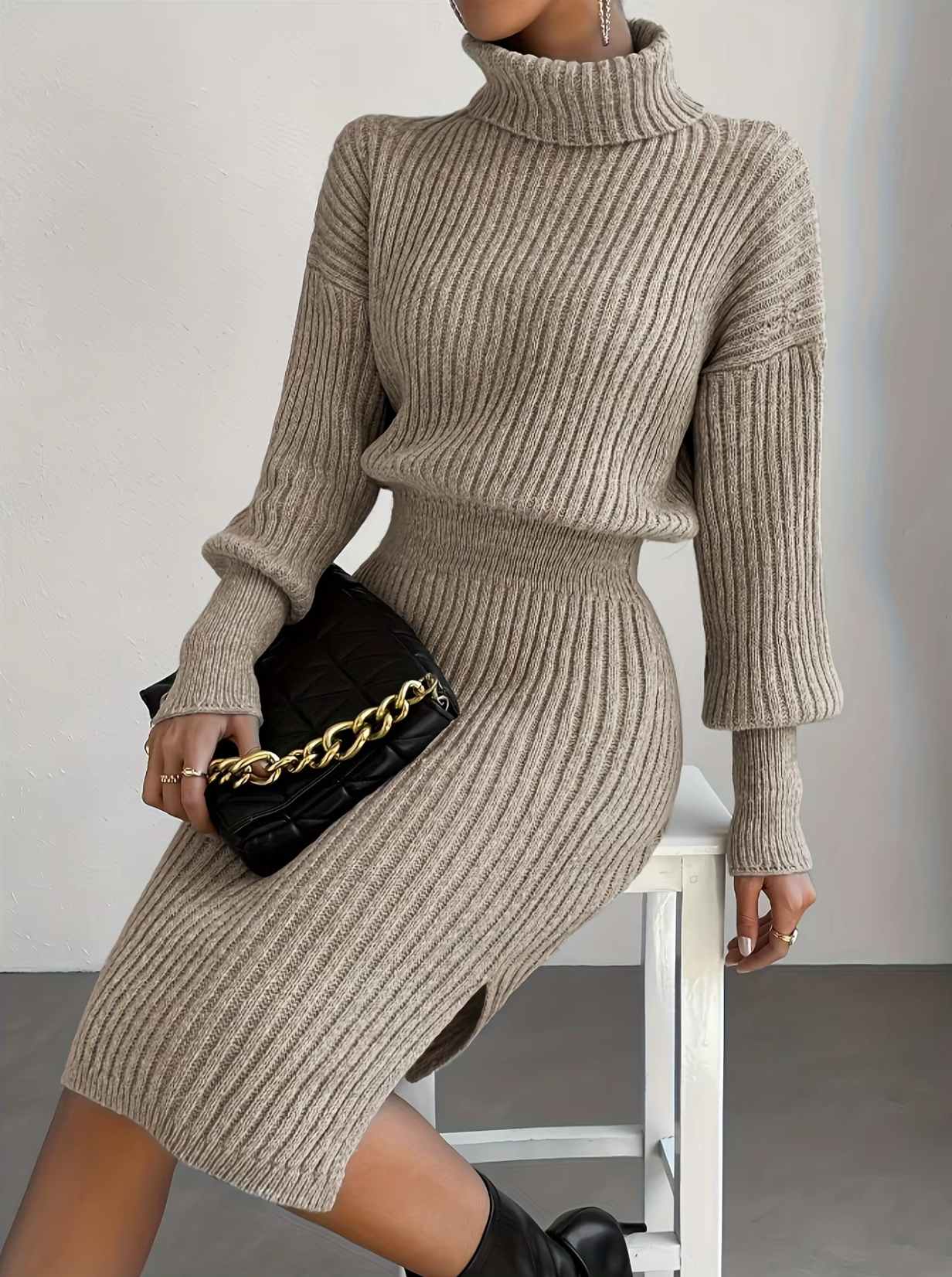 Vestido Mujer de Punto con Cuello Alto y Mangas Largas