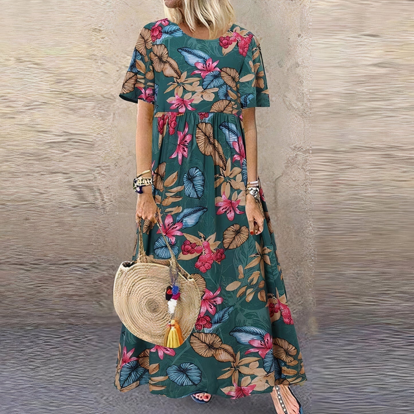 Vestido Largo Mujer Cuello Redondo Estampado Floral