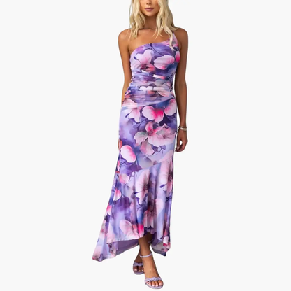 Vestido Mujer de Un Hombro Estampado Floral Elegante