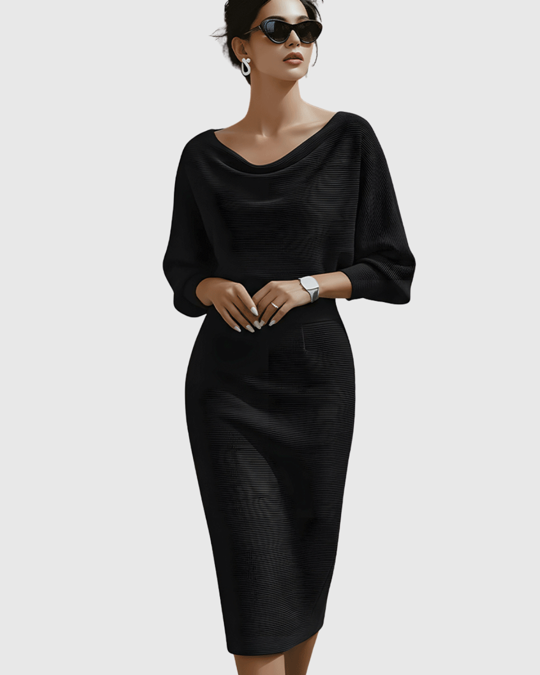 Vestido midi mujer Drapeado Manga Murciélago Escote Elegante