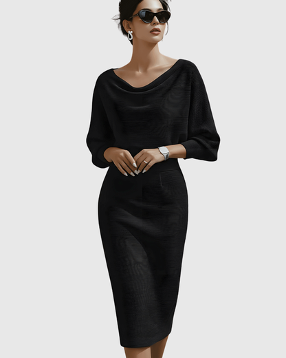 Vestido midi mujer Drapeado Manga Murciélago Escote Elegante