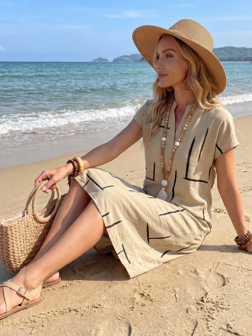 Vestido midi mujer algodón lino escote en V casual verano
