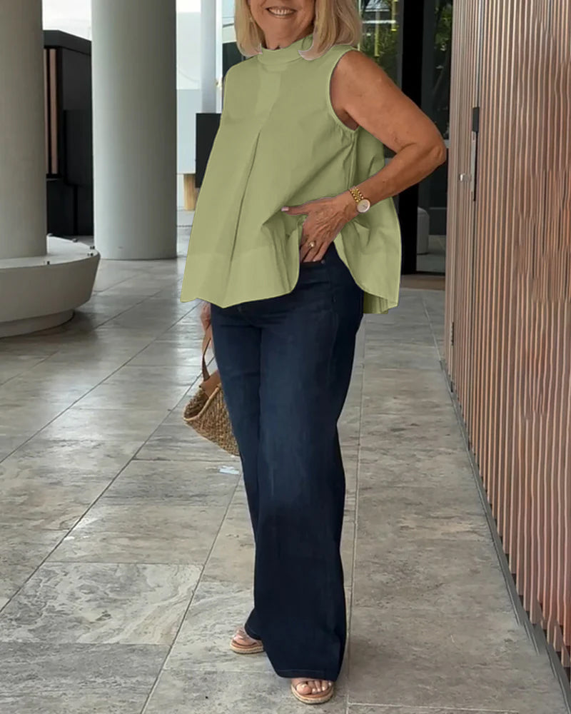 Mujer sin Mangas Cuello Alto Pliegue