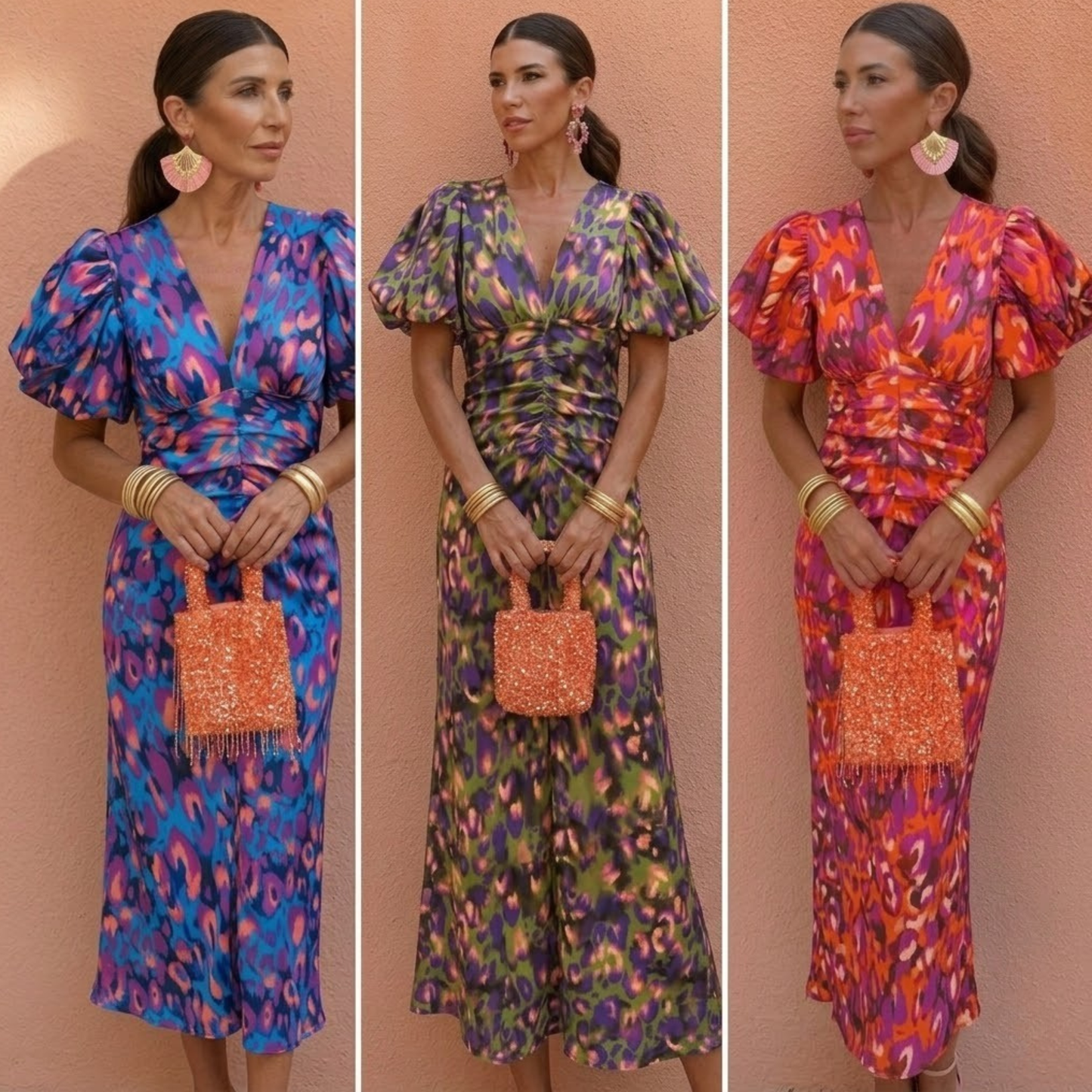 Vestido mujer escote en V mangas abullonadas estilo femenino