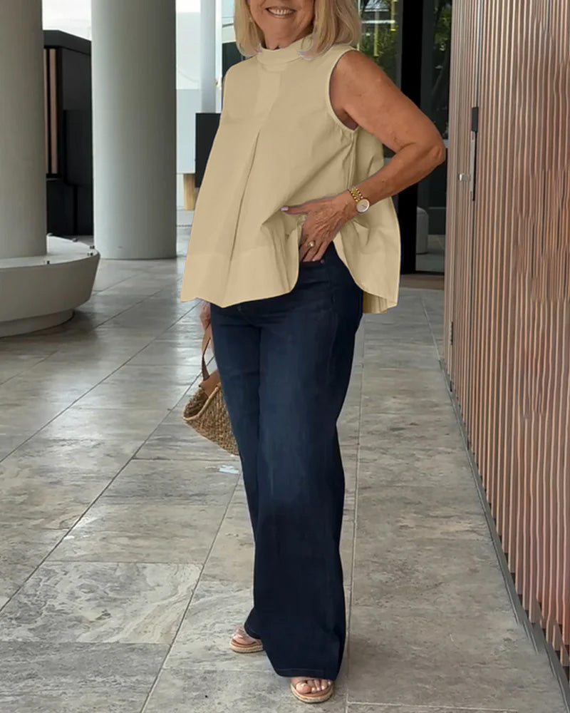 Mujer sin Mangas Cuello Alto Pliegue