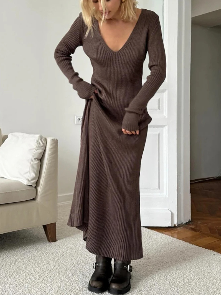 Vestido largo mujer de punto acanalado cuello en v manga larga
