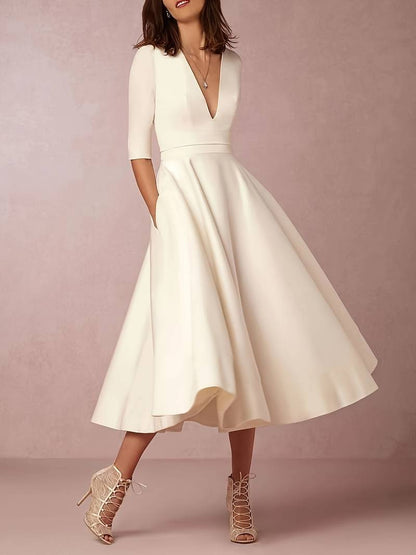 Vestido midi mujer evasé escote en V